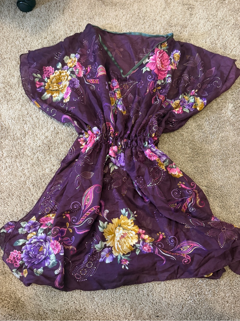 Purple Floral Swim Coverup Tunic with Elastic Waist